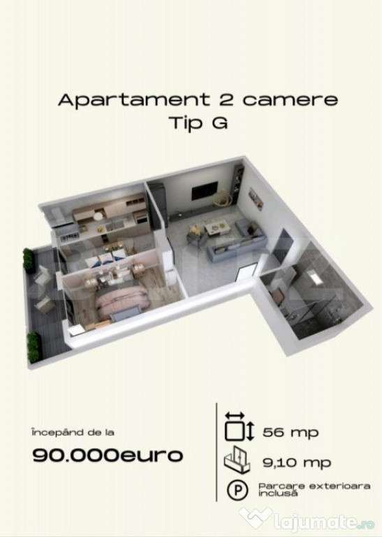 Apartament de 2 camere, 56mp utili, cochet, cu parcare, Toro