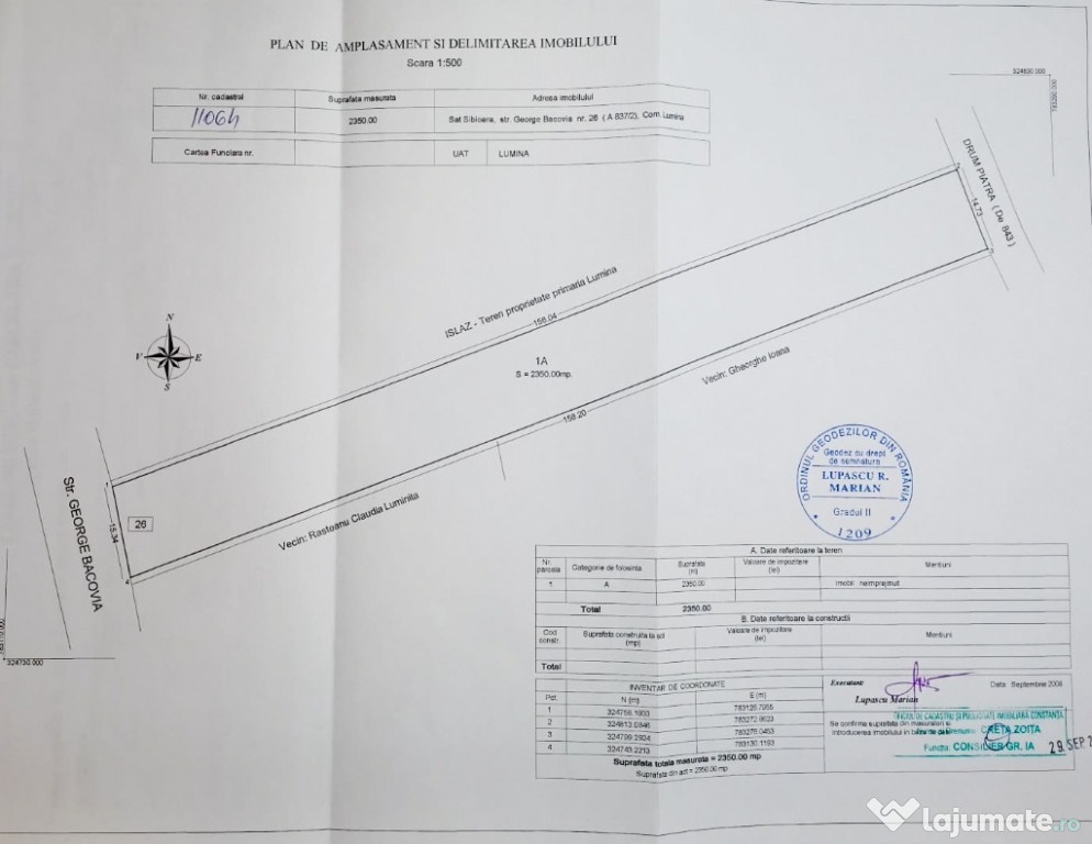 Proprietar teren intravilan, Sat Sibioara, 2350 mp