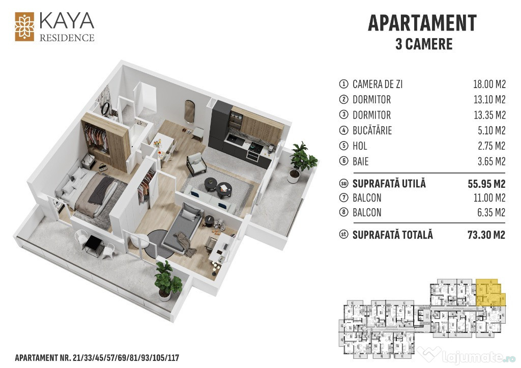 Apartament 3 camere 73,30mp, zona centrală Bistrița - KAYA Residence