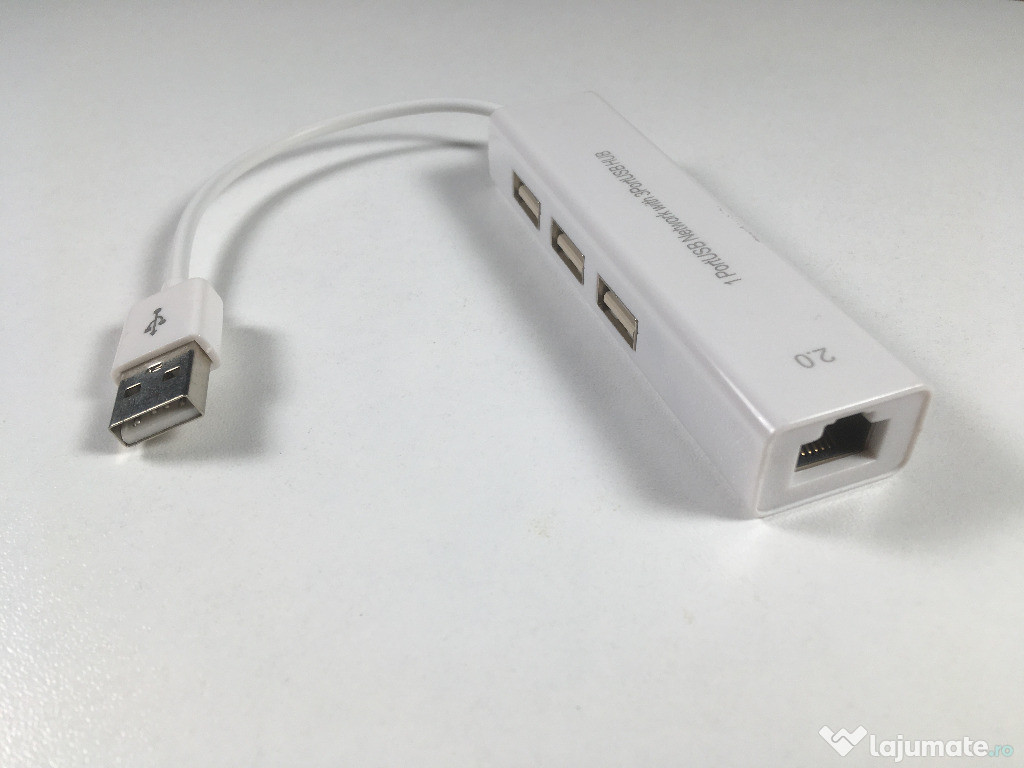 USB Ethernet Adaptor cu 3 porturi USB HUB 2.0