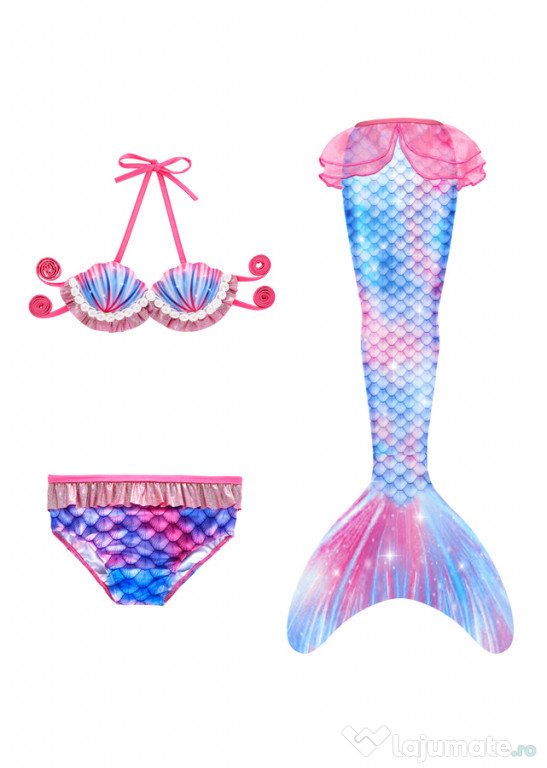 Set 3 piese Costum Sirena Ariel THK®,- Roz cu stelute, 100 cm, 2-3ani