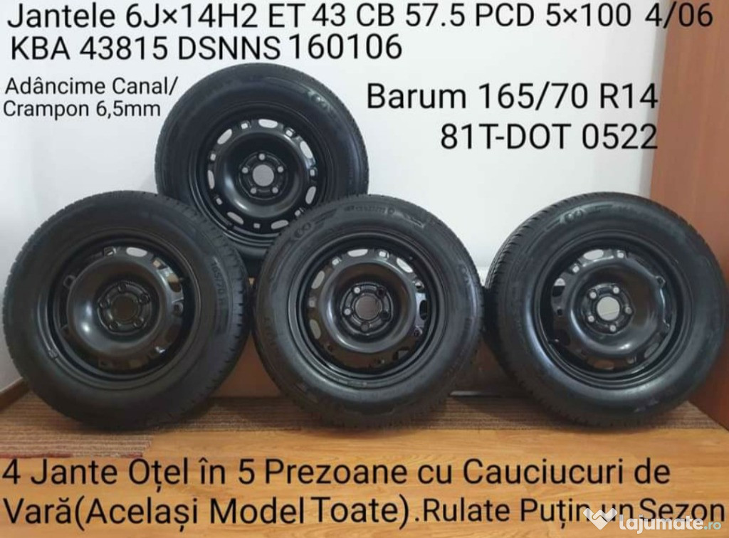 4 Jante Oțel în 5 Prezoane cu Cauciucuri de Vară(Același Model Toate)-