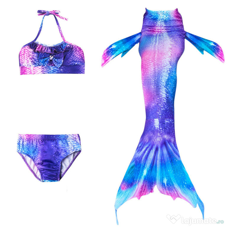 Set 3 piese Costum Sirena Printesa Ariel 9-10ani, Albastru/Roz, 140 cm