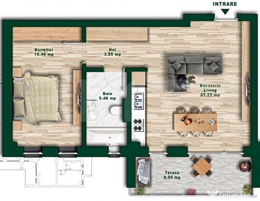 Apartament luminos cu 2 camere, 52,3 mp utili, Ansamblu de l