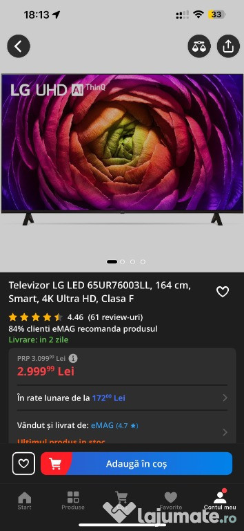 Televizor LG 164 cm, impecabil, cu garanție 20 luni