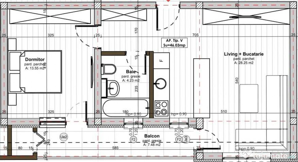 Apartament 2 camere 46 mp, etaj 1, balcon 7 mp Apahida