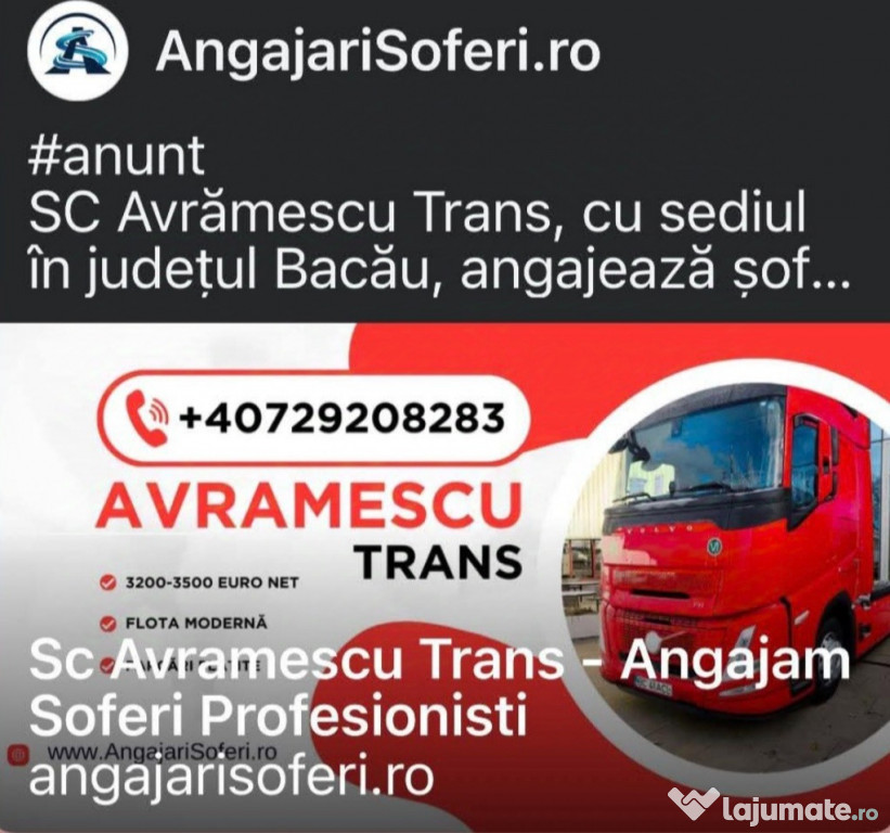 Angajăm șoferi profesioniști pentru comunitate 3200-3500euro