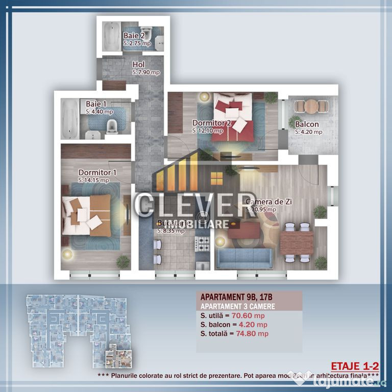 Promo 3 Camere Incalzire prin Pardoseala 2 bai Metrou Teclu
