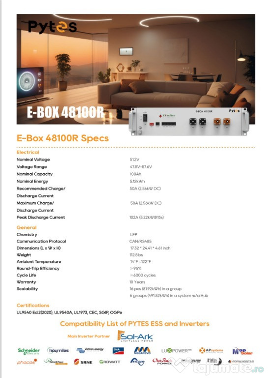 Acumulator Pytes Litiu LifePo4 E-BOX-48100R, +Kit cabluri 1,500 ml.