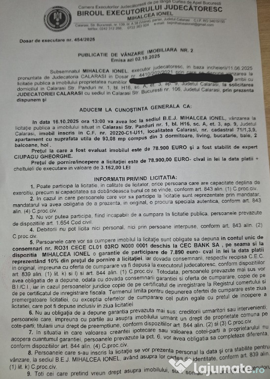 Apartament 4 camere Licitație publică