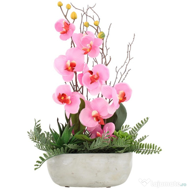 Orhidee artificiala decorativa, alb/roz, 45 cm, in ghiveci