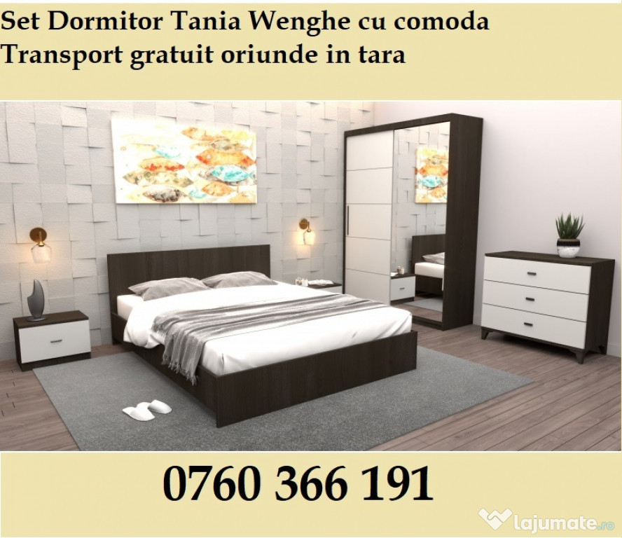 Dormitor Tania Wenghe + Alb Pat 160 cm x 200 cm+ Noptiere
