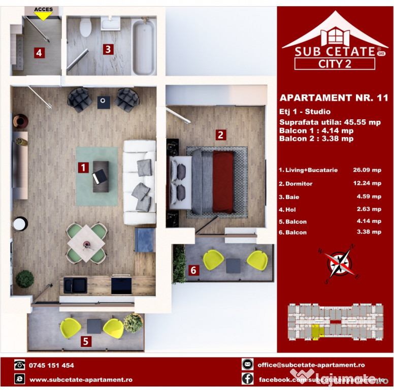 Apartament 2 cam tip studio Braşov, Sânpetru Bloc Nou