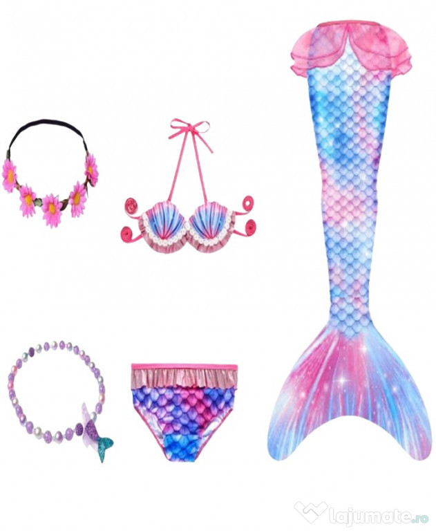 Set 5 piese Costum Sirena Printesa Ariel THK, Roz cu Stelute  9-10 ani