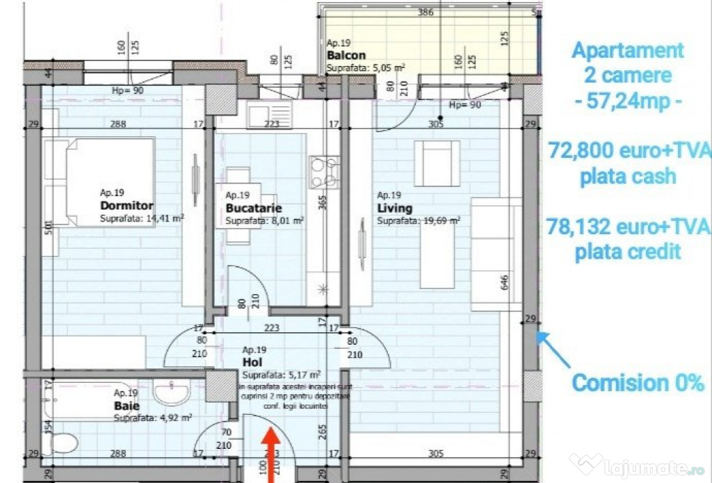 Apartament 2 camere, 57,24 mp, decomandat, Galata Iasi Sos.