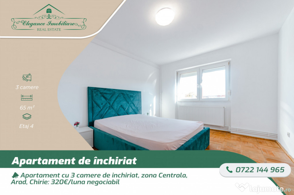 Apartament cu 3 camere de închiriat, zona Centrala, Arad