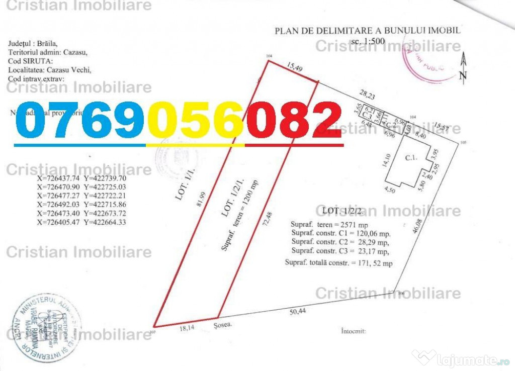 Teren 1200 mp, deschidere 18 m, Cazasu+drum national