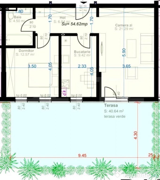 Apartament 2 camere, decomandat, 54mp utili, gradina de 40 m