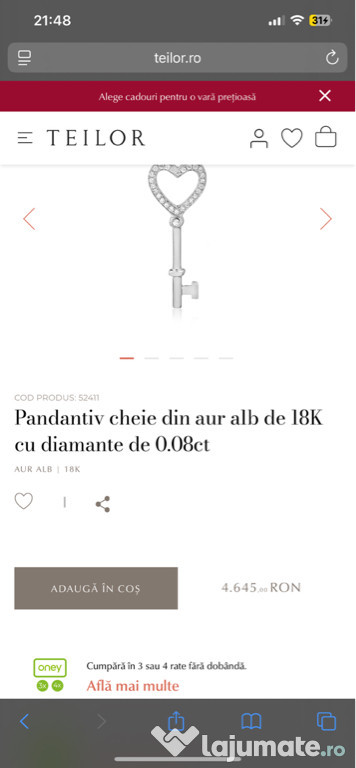 Pandant cheie TEILOR aur alb 18K diamante de 0.08ct