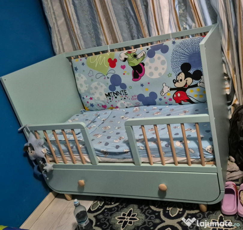 MYLLRA - Pătuţ IKEA cu sertar, turquoise, 60x120 cm - Impecabil