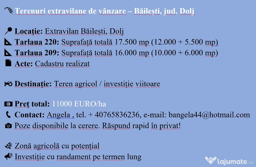 Terenuri extravilane Băilești – 33.500 mp Acte la zi Preț avantajos