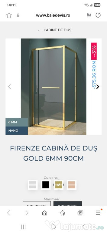Cabina de dus 90x90 cm, auriu lucios
