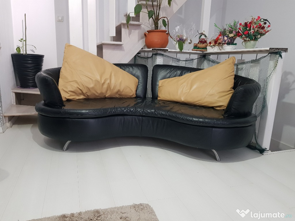 Canapea si fotolii cu perne, piele naturala