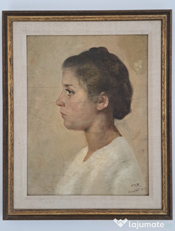 Tablou semnat datat Bucarest 1907- Portret de fată ulei pe carton