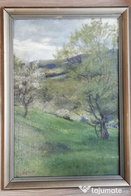 Peisaj anii 1900 pictor austriac Hugo Charlemont -ulei pe carton