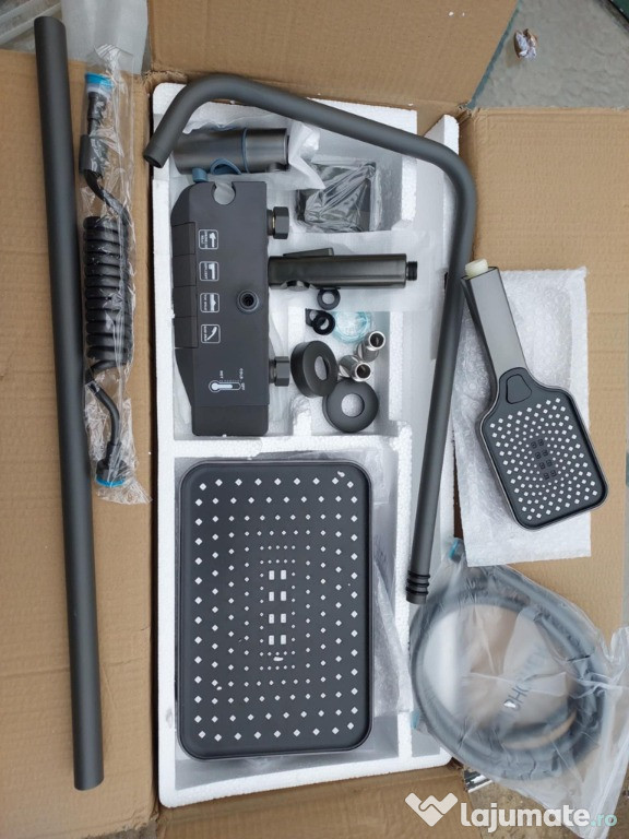 Set duș termostatic complet negru, design modern pătrat, Piano Key, no