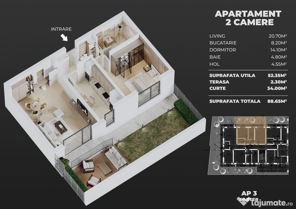 2cam.dec+curte+parcare, semicentral Popesti-Leordeni