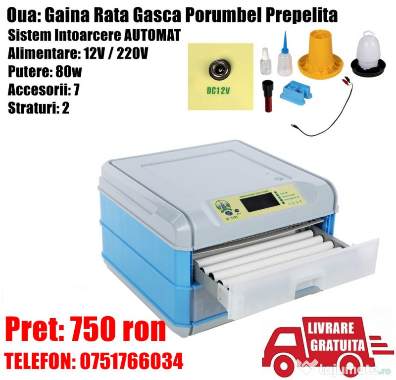 Incubator Clocitoare 128 Oua Gaina, Rata Gasca Curca Porumbel Prepelit