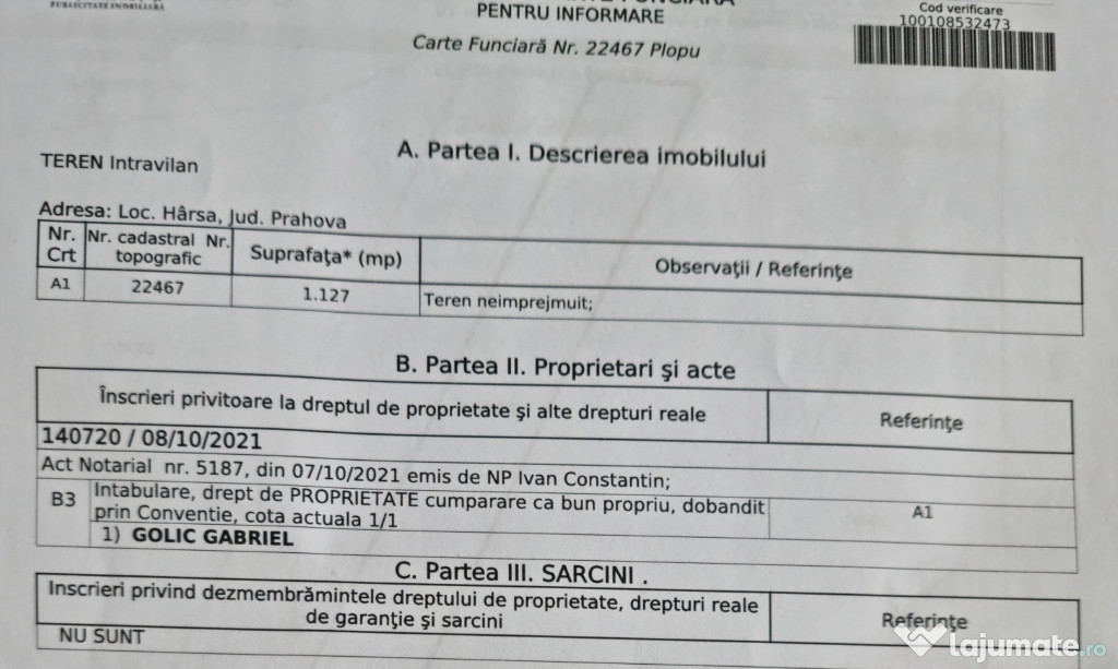 Teren intravilan 1127 mp Hârsa 12 minute de centru Ploiești