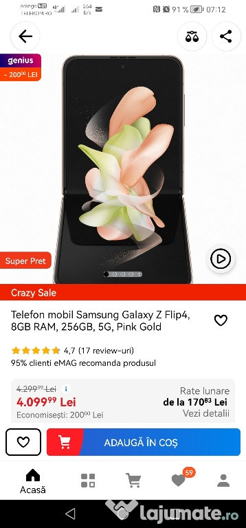 Vând SAMSUNG GALAXY Z FLIP 4 PINK GOLD, 8GB RAM, 256 GB, NOU