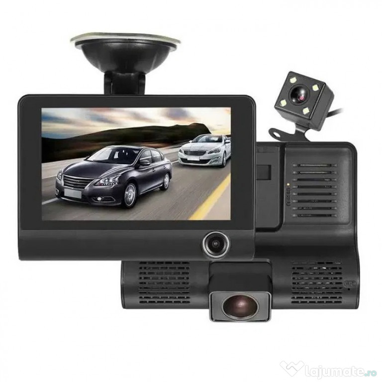 Camera de bord auto DVR Full HD cu 3 obiective fata, spate