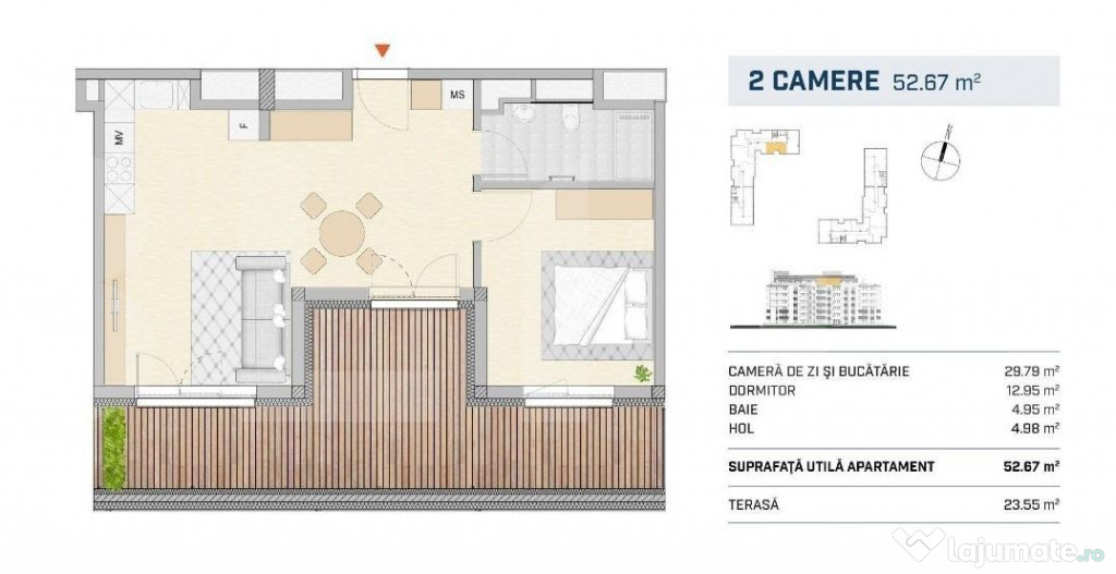 Apartament 2 camere, finisat cu terasa, orientare SUDICA