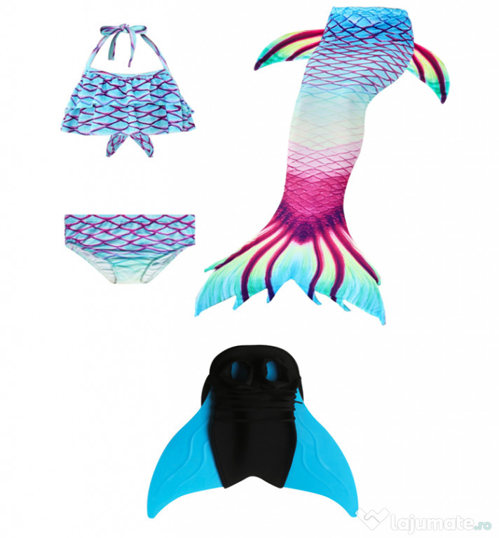 Set 4 piese Costum Sirena Ariel THK, Albastru/Visiniu - 3-4 ani