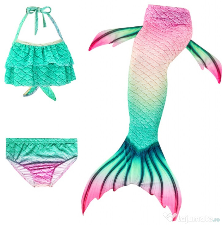 Set 3 piese Costum Sirena, Roz/Verde/Galben, 140 cm