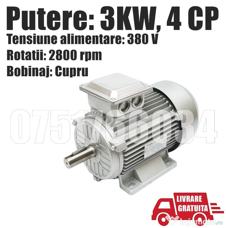 Motor Electric Trifazic 3KW 380V Bobinaj Cupru Carcasa Aluminiu + Livr