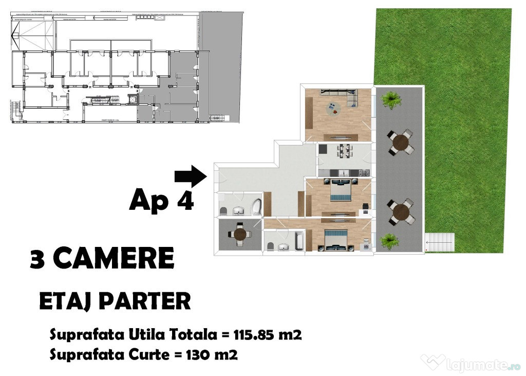 Apartament 3 camere Piata Alba Iulia - curte 130 mp - Birou Dezoltator