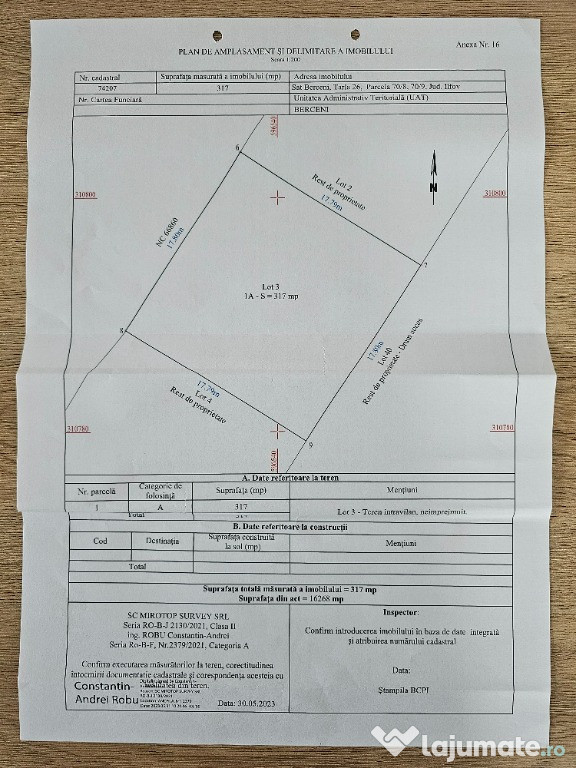 Teren intravilan 317 mp Comuna Berceni