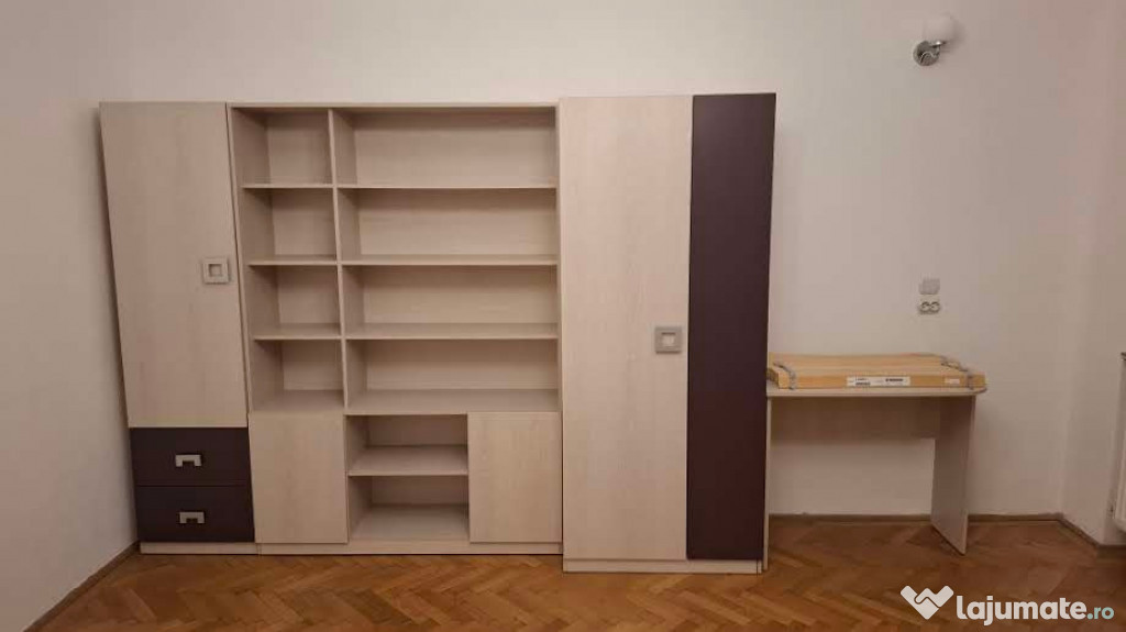 Set mobilier dormitor beige bej dulap haine si biblioteca