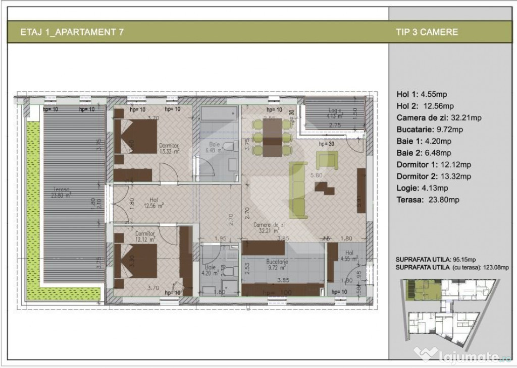 3 camere bloc nou cu tereasa de 24mp, zona Nerva Traian, met