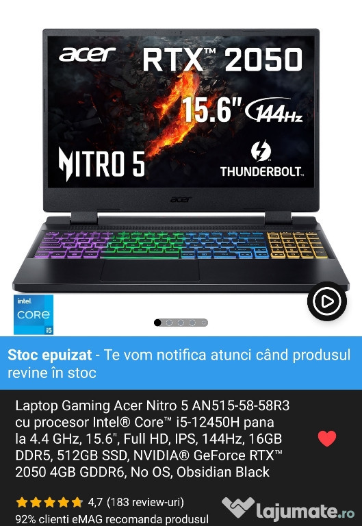 Laptop i5-12450H,16GB DDR5, 512GB,Video:Geforce RTX™ 2050 !