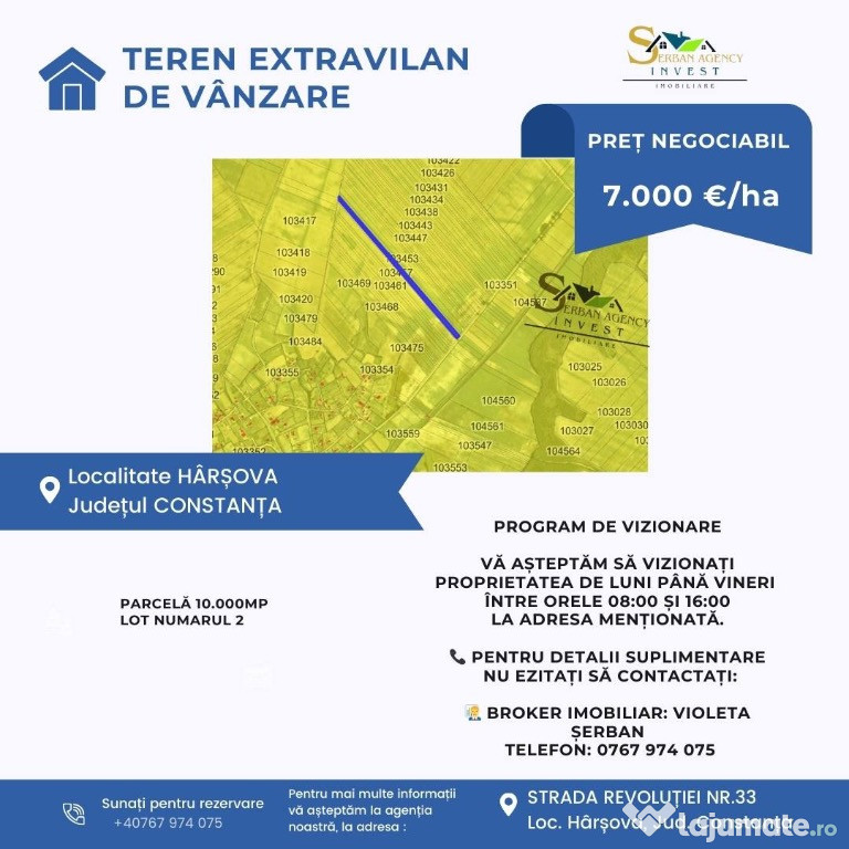 Teren extravilan de vânzare – Tichilești, comuna Horia, jud. Constanța