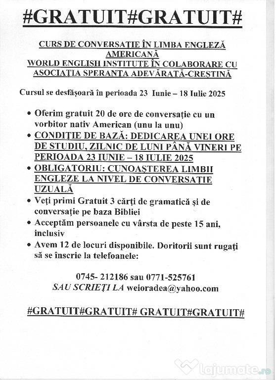 GRATUIT în Oradea: Curs de conversație în Limba Engleză