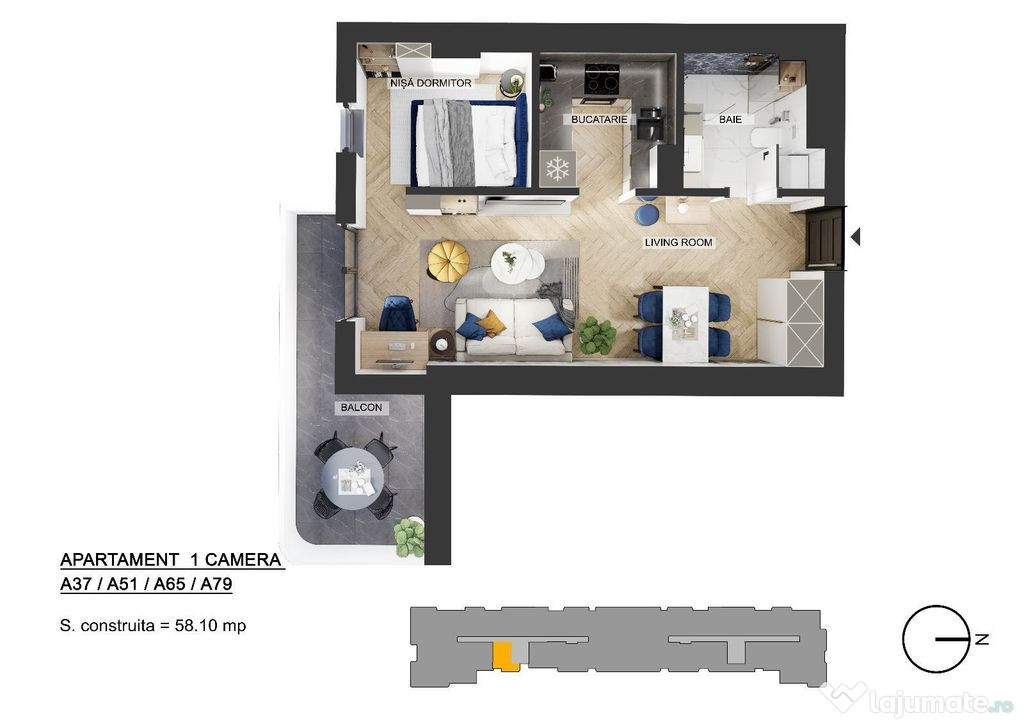 Apartament 1 camera zona de Nord - 49.38 mp utili