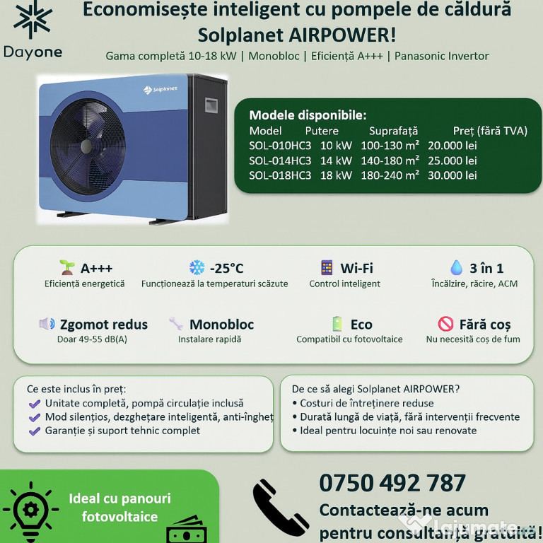 Pompa de caldura monobloc Solplanet AIRPOWER Eficienta A+++ 10 14 18 k