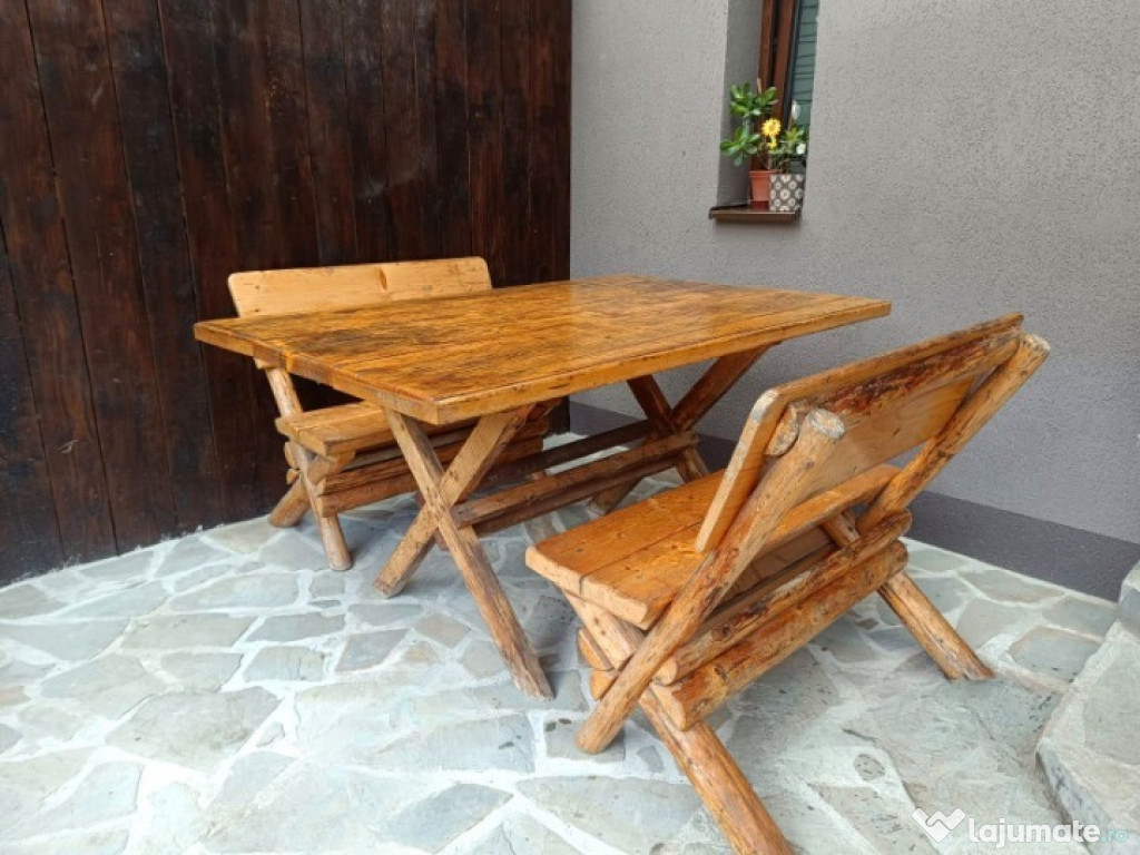 Set terasă lemn masiv – 2 bănci cu spătar + masă solidă