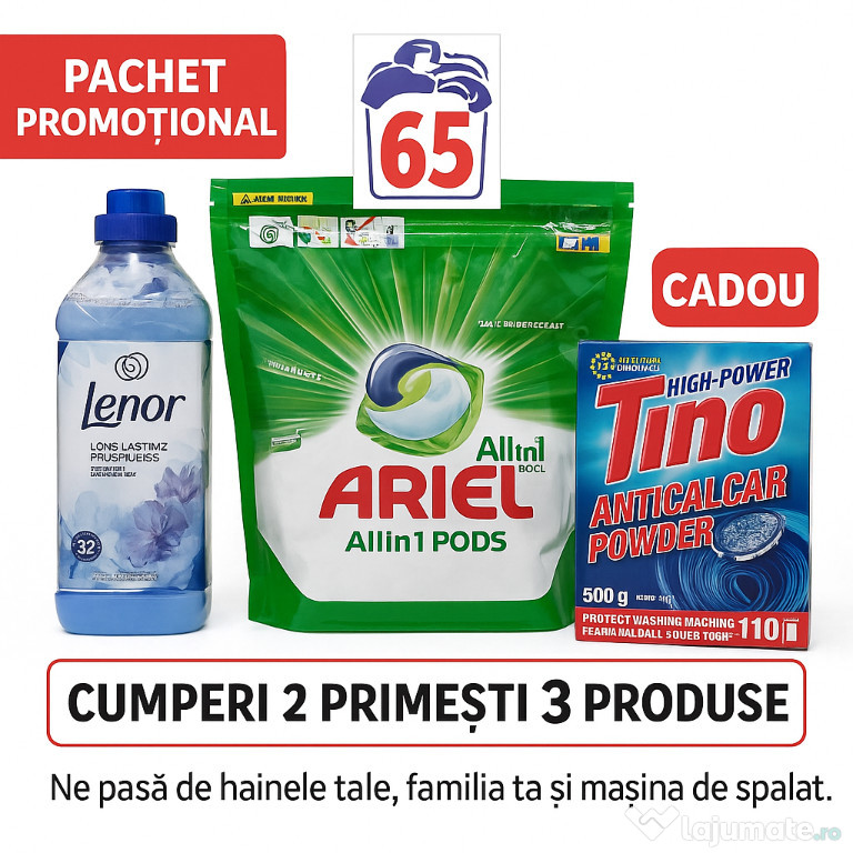 Pachet Ariel Allin1 PODS 65 spălări + Lenor Freshness 32 spalări + CAD